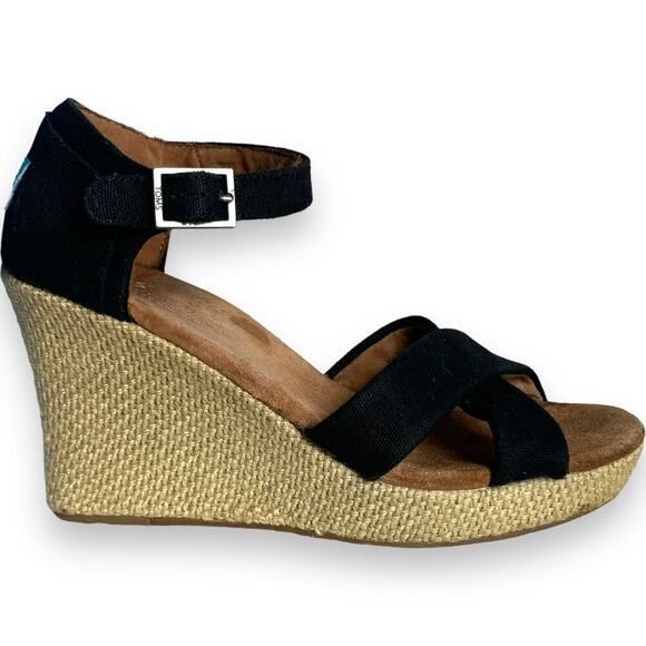 TOMS Black Canvas Open Toe Ankle Strap Wedge Heel Espadrille Sandals Size 8.5 - Picture 1 of 9
